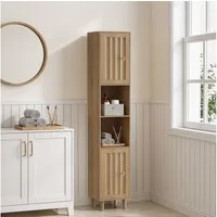 BBWL Hochschrank Eiche Optik schmal Badezimmerschrank mit Türen offene Regale Hochschrank Waschmaschinenschrank freistehend MDF Stauraumregal