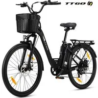TTGO E-Bike Cityrad 26 Zoll, 52Nm Hinterradmotor, 120km, Federgabel und Federsattelstütze, 7 Gang SHIMANO, Kettenschaltung, Heckmotor, 650 Wh, (5 Stufen, Pedelec, bis zu 125kg, für ca. 160–185 cm), Farbdisplay, Frontkorb, Gepäckträger, Elektrofahrrad