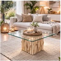 LebensWohnArt Couchtisch Teak Couchtisch NICO Natural inkl. Glasplatte 70x70cm