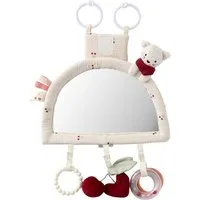 vertbaudet Greifspielzeug Baby Activity-Spielzeug mit Spiegel, Kirschmuster, Katzen-Plüschtier, zum Aufhängen oder Aufstellen