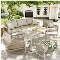 Celya Gartenlounge-Set Gartenmöbel set, Handgeflochtenes Gartensofa für 7 Personen, (Komplett mit Tisch (Holzoptik Glas) & 2 Sesseln), mit Armlehnen, Robustes Eisengestell und beige Polster