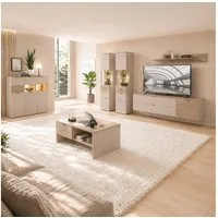 Lomadox Wohnzimmer-Set ISCHIA-36, (Mega-Spar-Set, 7-St., Highboard Vitrinen Lowboards Wandregal Couchtisch), in Beige mit Eiche, inkl. Beleuchtung, Lamellenoptik