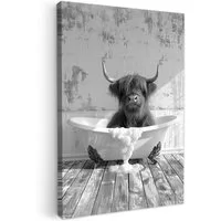 OneMillionCanvasses® Leinwandbild Schottischer Highlander - Tier - Badewanne - Schwarz - Weiß, Fotodruck (1 St), Badezimmer Deko, Bilder WC, Toilette Wanddeko 20x30 cm