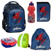 GOLDKIDS Schulranzen für Jungen, 6er-Set - (Schul-Rucksack für Kinder mit Federmäppchen, 1-tlg., - Schuhbeutel Brotdose und Trinkflasche), - Spiderman Motiv- 1-3 Klasse