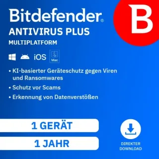 Bitdefender Antivirus Plus Multiplattform 2026 (Gerät(e): 1 Gerät / Jahr(e): 1 Jahr)