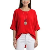 dy_mode Kurzarmbluse Damen Bluse Oversize Tunika Leichte Viskosebluse Oberteil Einfarbig in Unifarbe, High-Low Saum, mit passende Kette