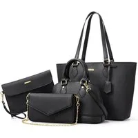 LuxusKollektion Handtasche 4-teiliges Handtaschen Set Damen Schwarz Büro Schule Reise Geschenk