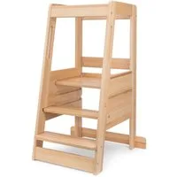 Ehrenkind Stehhilfe Lernturm mit extra Kleinkindstufe, Montessori Tritthocker für Kinder (Buche transparent lackiert, 3-fach höhenverstellbarer Standfläche), geeignet ab ca. 12 Monaten, sobald das Kind sicher stehen kann