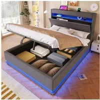 Merax Polsterbett mit LED-Beleuchtung und USB/Typ-C Ladefunktion (Leinenstoff, 1-tlg., Mehrzweckbett), Doppelbett 140x200cm mit hydraulischem Stauraum & Flip-Top-Staufach