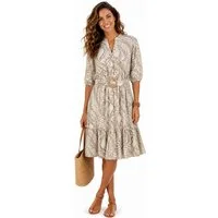 SUBLEVEL Sommerkleid Sommerkleid mit Print und Gürtel Freizeitkleid 3/4 Arm Kleid Volant