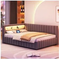 MODFU Polsterbett Daybett Tagesbett Polsterbett Doppelbett Kinderbett Gästebett (mit LED-Licht, USB-Anschluss, Rückenlehne und stabilem Rahmen, für Schlafzimmer & Gästezimmer, 140x200 cm), mit Matratze