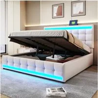 Merax Polsterbett mit LED und USB Anschlüssen (Höhenverstellbares Kopfteil, 1-tlg), Doppelbett 180x200cm mit hydraulischem Stauraum, Mehrzweckbett, Leinen