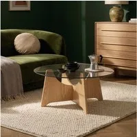 en.casa Couchtisch, »Omlar« mit Glasplatte rund Ø70 x 35 cm Eicheoptik / Rauchgrau