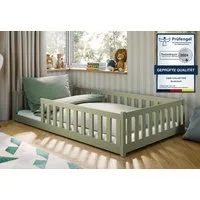 Kids Collective Kinderbett Bodenbett Bett mit Rausfallschutz & Lattenrost Montessori Bett Kinder (Jungen, Mädchen, Kinder, weitere Größen 80x160, 80x180, 90x190, 90x200, 140x200 cm), Jugendbett Einzelbett optional mit Matratze Olivgrün Kiefer 120x200