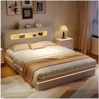 NMCXXO Polsterbett LED Doppelbett 140x200 cm (USB-Ladeanschluss), Bettkasten, Ladefunktion, Teddysamt, 140x200