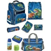 Familando Schulranzen CLOU Schultasche 1.-4. Klasse ergonomisch, leicht, Volumen 15 Liter (Erweitertes Set, 9-tlg., mit Lunch-Set und Sporttasche), Dino T-Rex Dinosaurier Motiv