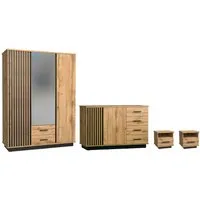 Deine Möbel 24 Schlafzimmer-Set LAMI F inkl. Kleiderschrank, Kommode & 2 Nachttische, (Still: Scandi, Industrial, 4-tlg., Viel Stauraum für Kleidung, Deko, Bettwäsche oder Alltagsgegenstände), Modernes Design in Wotan Eiche mit Schwarz Matt & Lamelle