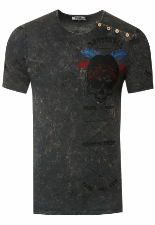Verwaschenes Rundhals T-Shirt mit Knopfleiste und Prints