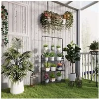 Outsunny Pflanzentreppe mit Hängestange, Haken, für Innen, aus Metall, mehrstöckig (3-Etagen Pflanzenständer, 1 St., Blumenständer), 137cm hoch, für Wohnzimmer, Garten Balkon, Schwarz