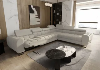 Ecksofa Schlafsofa BASTIEN RELAX in Stoff Aragon Beige Ottomane Rechts