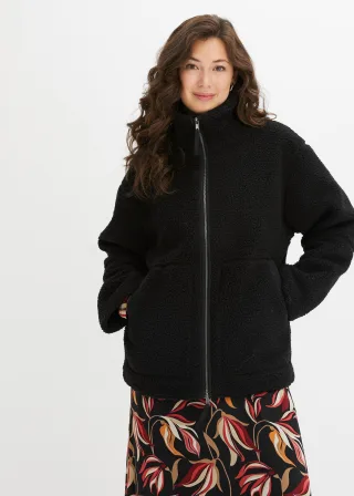 bonprix Gefütterte Teddy-Fleece Jacke, schwarz, Gr.42, Oversized Teddy-Fleece Jacke mit seitlichen Eingrifftaschen
