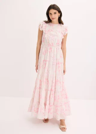 bonprix Maxikleid aus reiner Baumwolle, weiß, Gr.52, modisches Maxikleid mit Volants, aus 100% Baumwolle