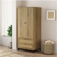 OTTO home Kleiderschrank Motala Schlafzimmerschrank Garderobe Boho Eichen-Design (Moderne schwarze Griffe, Schublade mit Geflecht) Schlafzimmerschrank mit 2 Türen und 2 Schubladen