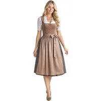 dressforfun Dirndl Midi-Dirndl Camel-Braun, versteckte Taschen, Samtmieder, Knopfleiste (Trachtenkleid Sandra, Konfektionsgröße 40, braun) Rechteckausschnitt, Glanz-Musterrock, braune Schürze, breite Schleife