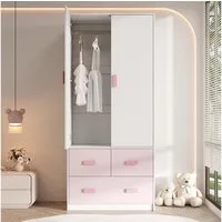MODFU Kleiderschrank Rosafarbener Kinderschrank 80x48x180 cm mit weißen Akzenten (Packung, 1-St., Inkl. Kleiderstange & 3 Schubladen, pflegeleicht) Ideal als Schlafzimmerschrank für Mädchen & Jugendliche