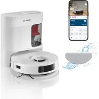 BOSCH Saugroboter Spotless + BCRD1W, Saugroboter mit Wischfunktion, 11.000 Pa Saugkraft, 60 W, beutellos, Trocken-Servicestation, Infrarot Navigation, Carbon Bürste