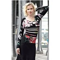 Passioni Strickpullover mit Rundhalsausschnitt, Blumen- und Streifenmuster in Rot und Schwarz