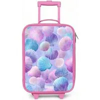 NoBoringSuitcases.com© Kinderkoffer Rosa - mit leuchtende Räder - Bunte Muscheln auf lila Hintergrund, 2 Rollen, Handgepäck-Koffer, Kinderkoffer, Reisekoffer Mädchen