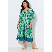 Ulla Popken Strandkleid Kaftan Palmen V-Ausschnitt Halbarm