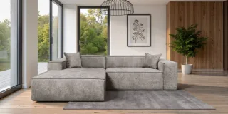 Ecksofa Designersofa CARLOTA in Stoff Perfect Harmony Dunkelbeige Ottomane Links