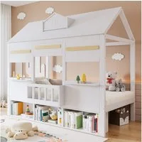 Flieks Kinderbett, Halbhochbett Hausbett 90x200cm mit einer Reihe Regal unter dem Bett