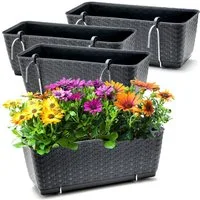 BigDean Blumenkasten 4x Bewässerungssystem + Halterung Rattan-Optik Anthrazit 39x15,5x14cm (Set, 4 St., Balkonkästen), Bruchfest, Bewässerungssystem, Wasserspeicher, Halterung