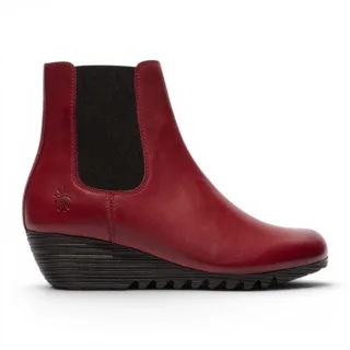 Fly London Damen-Burgundrote Leder-Chelsea-Stiefel mit Keilabsatz – ORFU496
