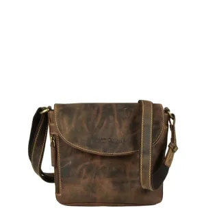 Handtasche mit praktischer Vortasche aus Leder in antikbraun | Greenburry. Kompakte Schultertasche Vintage mit einem verstellbaren Tragegurt.
