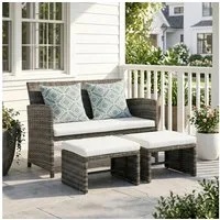 Sunsitt Gartenbank Outdoor Loveseat (3-tlg Terrassenmöbel-Set, Allwetter Rattan Gartenbank mit 2 Hocker), Grau Rattan&Grau Kissen