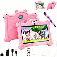 LETGOSPT 7 Zoll 4GB+64GB WiFi Bluetooth IPS HD-Display Android 15 Kinder Tablet (7", 64 GB, Android 15, WiFi, ab 3 Jahren Dual-Kamera mit Hülle & Stift, Google Kids Space Gemini AI)