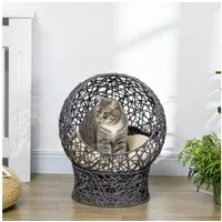 PawHut Tierhaus Rattan Katzenbett mit Kissen, Haustierbett Wasserhyazinthe, 50L x 50B x 60H cm