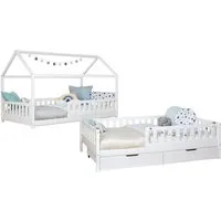 Ticaa Hausbett Duo mit Rausfallschutz und Schubkasten aus Kiefer, Bodenbett 120x200, inkl. abnehmbarem Dach, mit Rollrost, mit Matratze