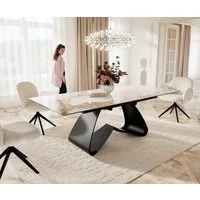 DELIFE Esstisch Edge, Keramik Minas Melange Weiß-Beige 180-220x100 W-Gestell Schwarz auszieh