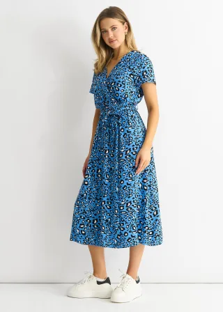 Kurzärmeliges Midikleid mit Tiermuster und Wickeloptik