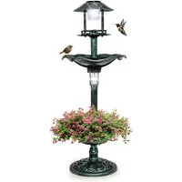 KOMFOTTEU Vogeltränke Vogelbad Vogelfutterhaus, mit Blumentopf & Solar Leuchten