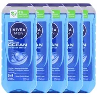 Nivea Duschgel 5 x NIVEA MEN Fresh Ocean Duschgel je 250ml 3in1 mit maritimem Duft