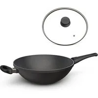 Hoffmann Germany Wok Wokpfanne Aluguss Induktion Ø 32 cm mit Glasdeckel – Made in Germany, Aluguss (Set, 2-tlg., 1x Wok Ø 32 cm + 1x Glasdeckel), abnehmbarer Griff, Antihaft, backofenfest bis 240°C, Induktion