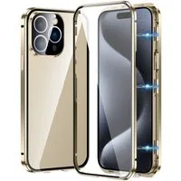 Wigento Handyhülle Für Apple iPhone 16 Pro Beidseitiger Magnet Glas Hülle Bumper Gold, Magnetische Metallrahmenhülle mit beidseitigem Hartglas