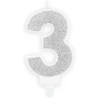 partydeco Formkerze, Geburtstagskerze Zahl 3 mit Glitzer 7cm silber
