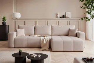 Ecksofa Schlafsofa Sofa LEROS XL in Stoff Manila Beige Ottomane Rechts
